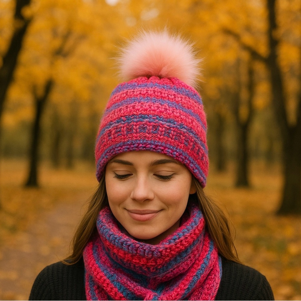 Handmade crochet Beanie pom hat with scarf